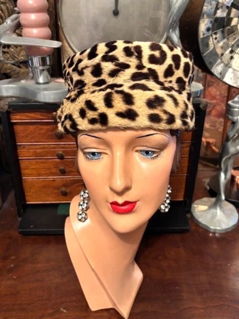 Vintage Deco Flapper Leopard Cheetah Spotted Animal Print Real Fur Pillbox Hat